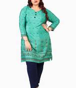 Cyan Green Printed Silk Crepe Plus size Kurits tops with Long Sleeve