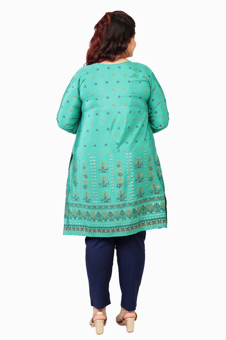Cyan Green Printed Silk Crepe Plus size Kurits tops with Long Sleeve