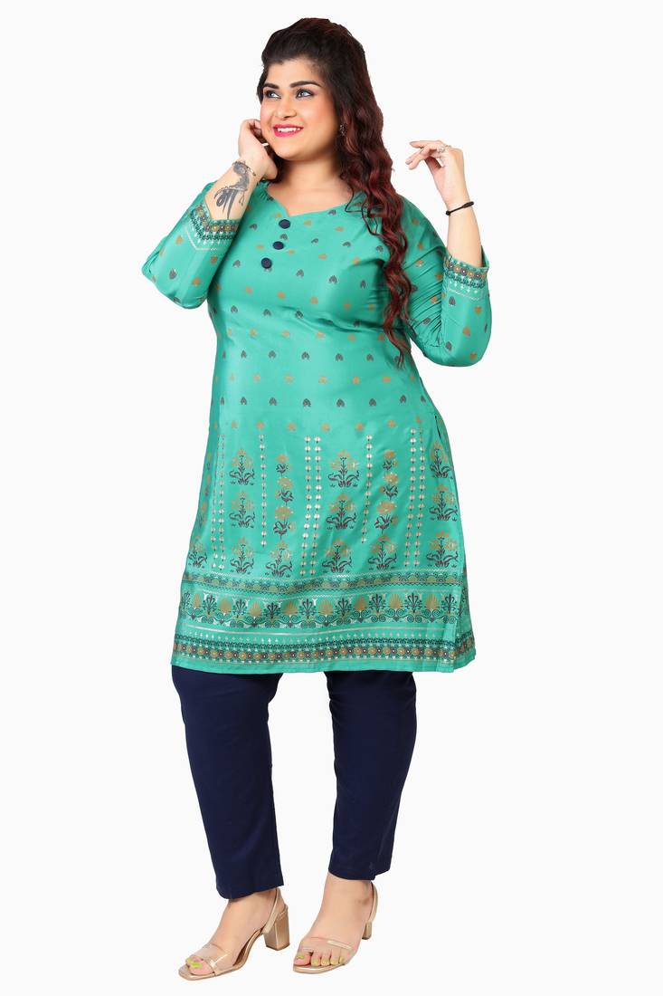 Cyan Green Printed Silk Crepe Plus size Kurits tops with Long Sleeve