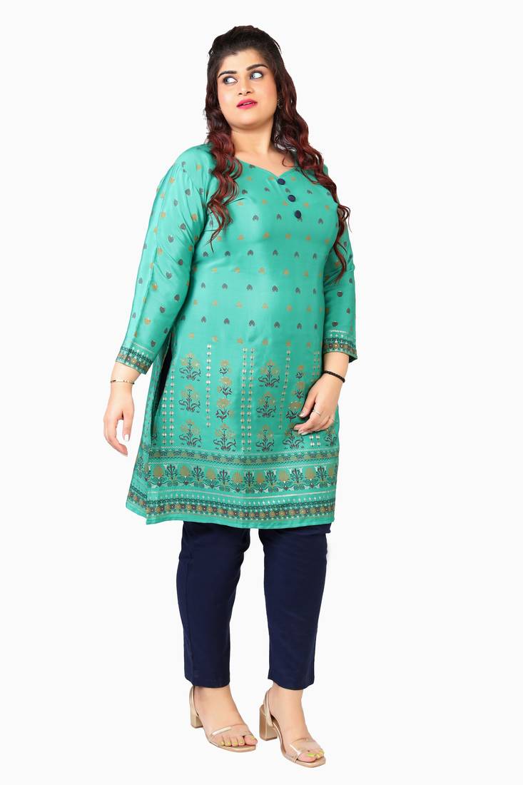 Cyan Green Printed Silk Crepe Plus size Kurits tops with Long Sleeve