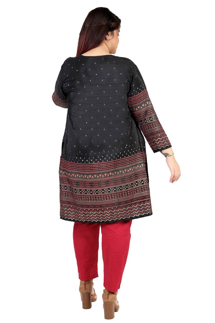 Dark Black Printed Silk Crepe Plus size Kurits tops with Long Sleeve