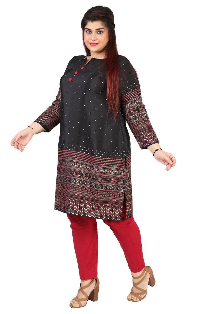 Dark Black Printed Silk Crepe Plus size Kurits tops with Long Sleeve