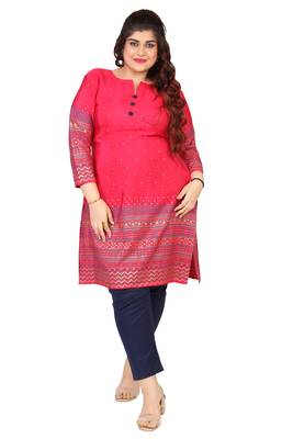 Dark Pink Printed Silk Crepe Plus size Kurits tops with Long Sleeve 1