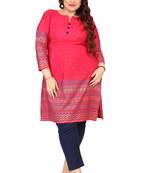 Dark Pink Printed Silk Crepe Plus size Kurits tops with Long Sleeve
