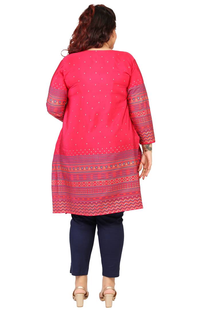 Dark Pink Printed Silk Crepe Plus size Kurits tops with Long Sleeve