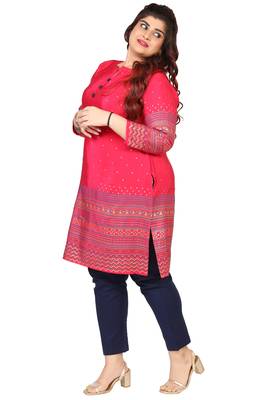 Dark Pink Printed Silk Crepe Plus size Kurits tops with Long Sleeve 3