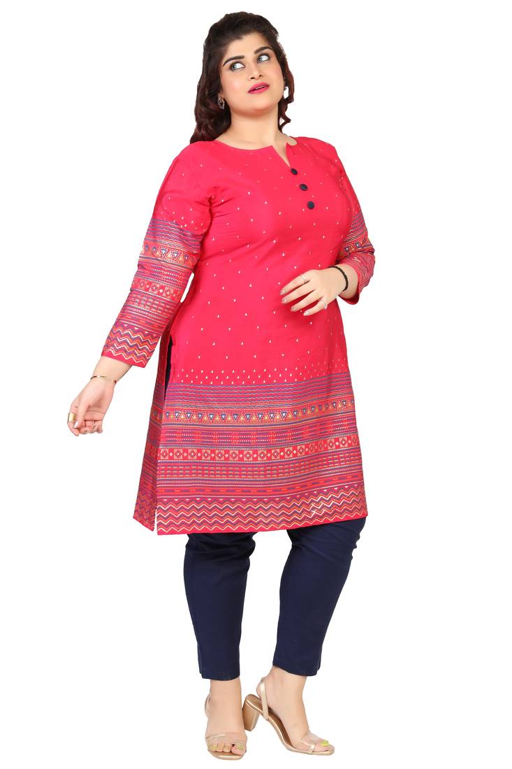 Dark Pink Printed Silk Crepe Plus size Kurits tops with Long Sleeve