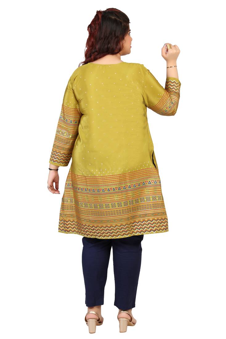 Olive Green Printed Silk Crepe Plus size Kurits tops with Long Sleeve