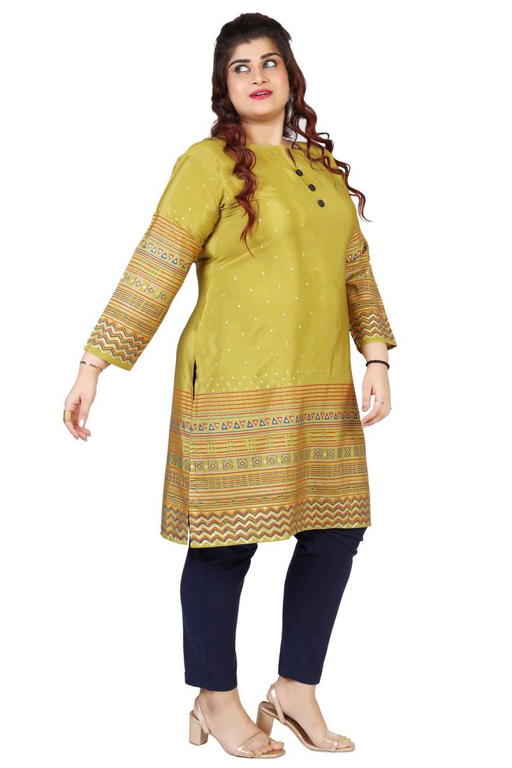 Olive Green Printed Silk Crepe Plus size Kurits tops with Long Sleeve