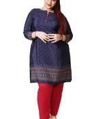 Dark Blue Printed Silk Crepe Plus size Kurits tops with Long Sleeve