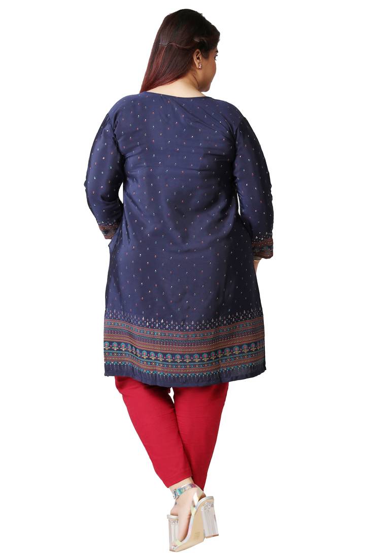 Dark Blue Printed Silk Crepe Plus size Kurits tops with Long Sleeve