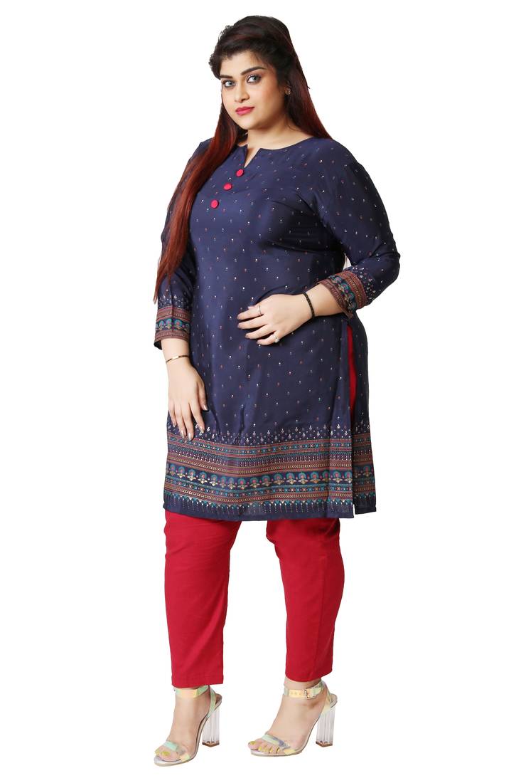 Dark Blue Printed Silk Crepe Plus size Kurits tops with Long Sleeve