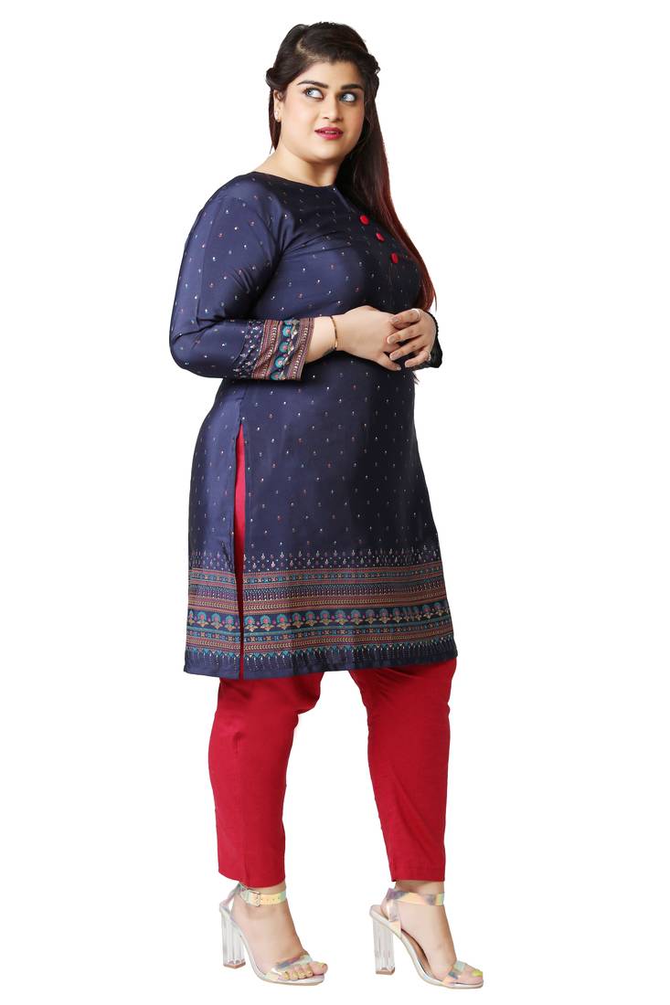 Dark Blue Printed Silk Crepe Plus size Kurits tops with Long Sleeve