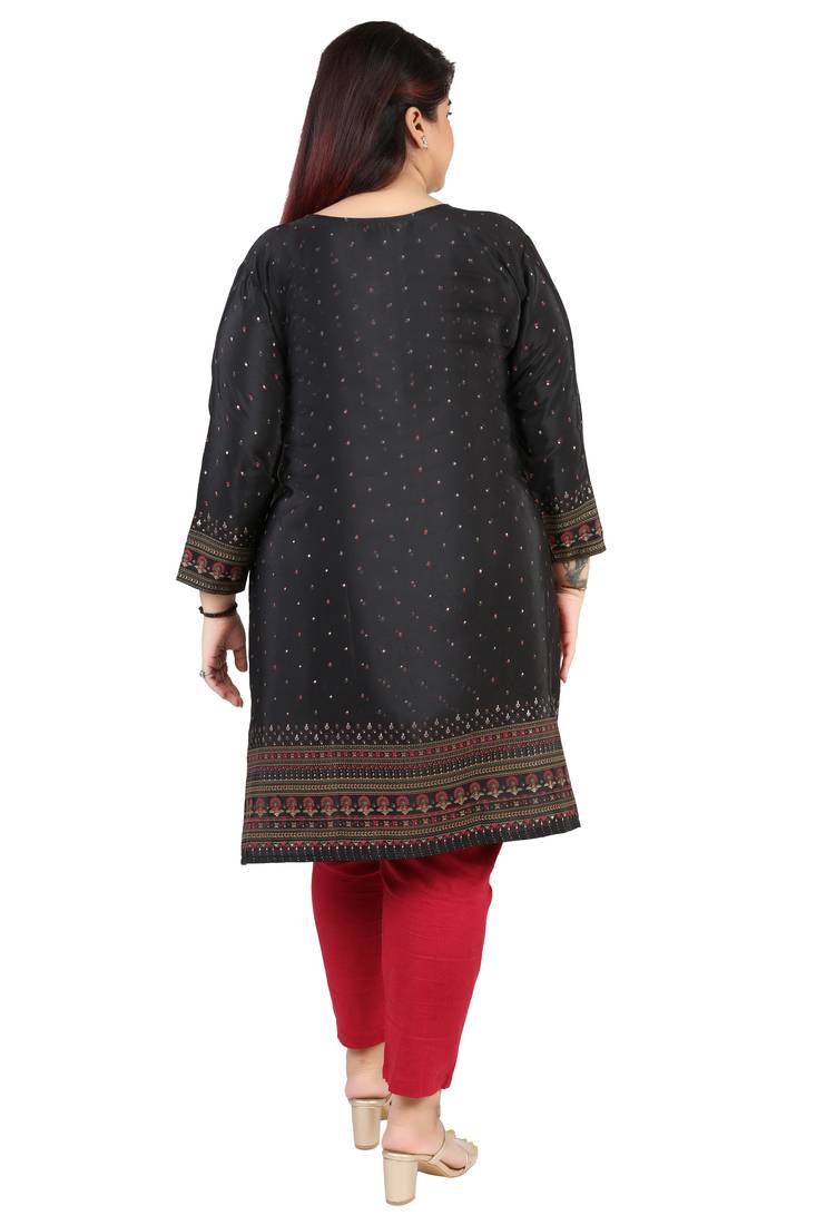 Dark Black Printed Silk Crepe Plus size Kurits tops with Long Sleeve