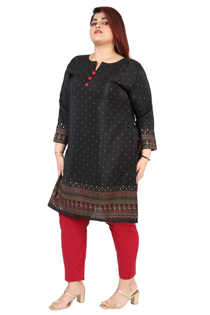 Dark Black Printed Silk Crepe Plus size Kurits tops with Long Sleeve