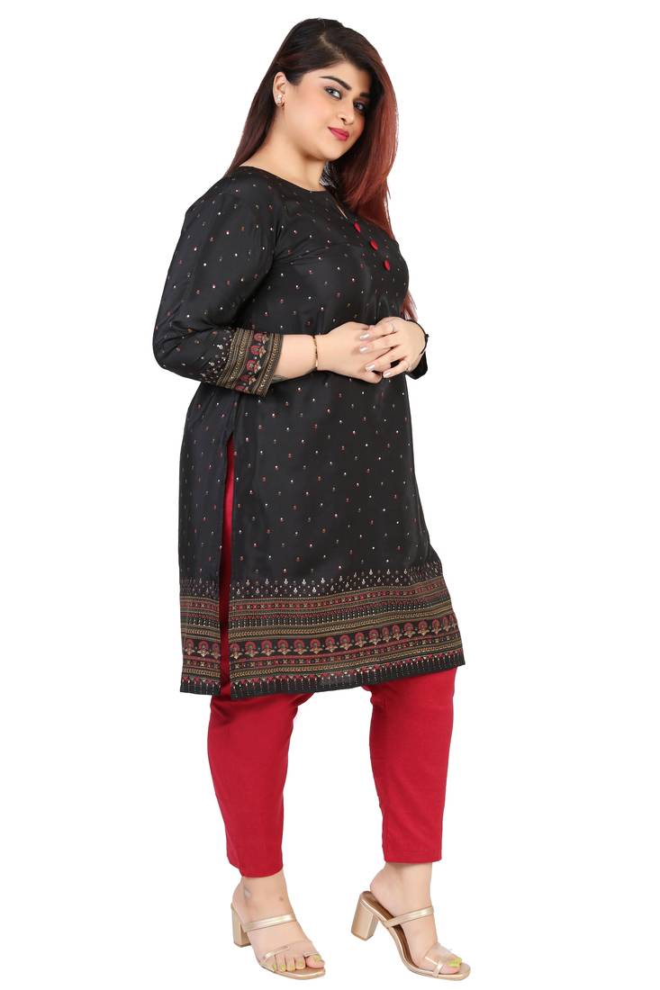 Dark Black Printed Silk Crepe Plus size Kurits tops with Long Sleeve