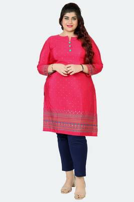 Dark Pink Printed Silk Crepe Plus size Kurits tops with Long Sleeve 1