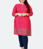 Dark Pink Printed Silk Crepe Plus size Kurits tops with Long Sleeve