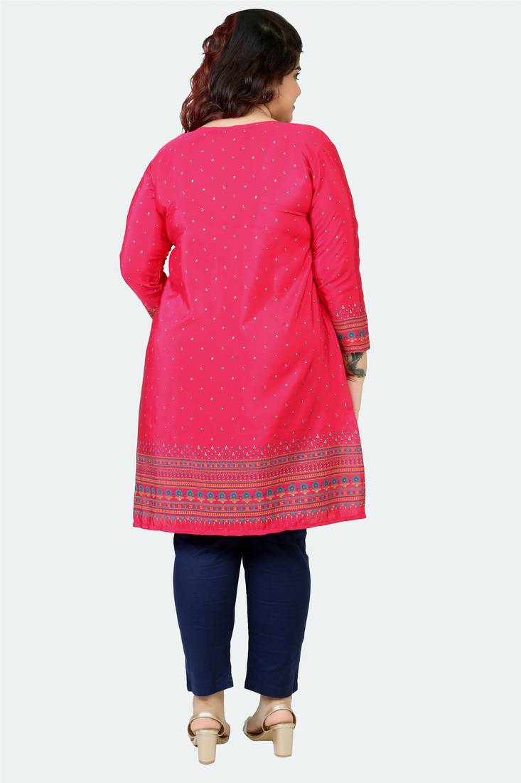 Dark Pink Printed Silk Crepe Plus size Kurits tops with Long Sleeve