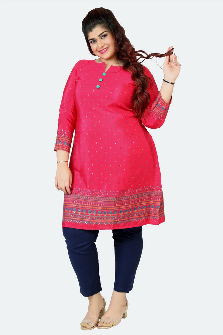 Dark Pink Printed Silk Crepe Plus size Kurits tops with Long Sleeve