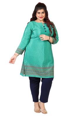 Cyan Green Printed Silk Crepe Plus size Kurits tops with Long Sleeve 1