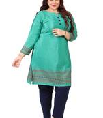 Cyan Green Printed Silk Crepe Plus size Kurits tops with Long Sleeve