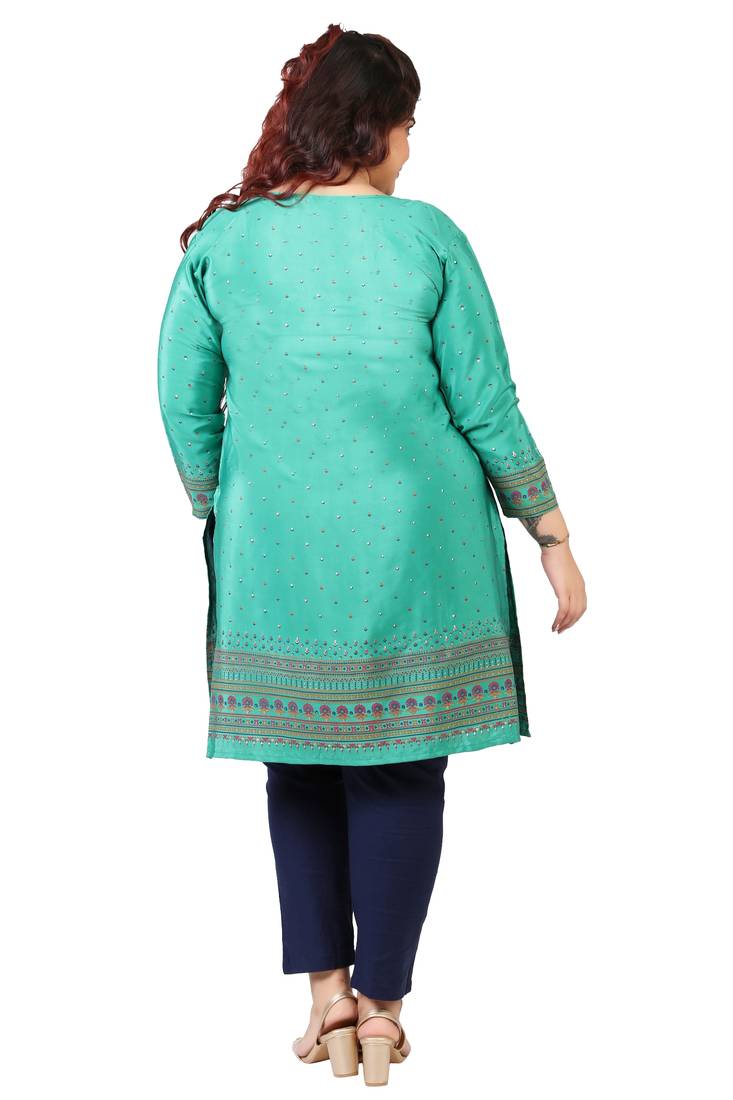 Cyan Green Printed Silk Crepe Plus size Kurits tops with Long Sleeve