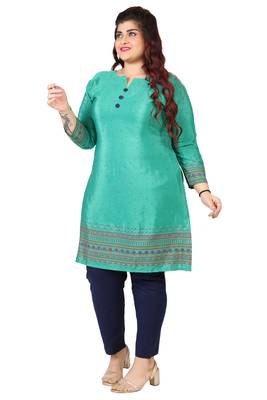Cyan Green Printed Silk Crepe Plus size Kurits tops with Long Sleeve 3