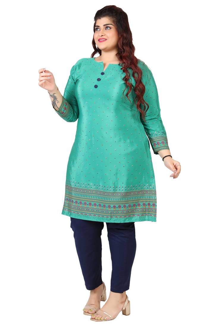 Cyan Green Printed Silk Crepe Plus size Kurits tops with Long Sleeve