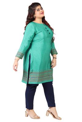 Cyan Green Printed Silk Crepe Plus size Kurits tops with Long Sleeve 4
