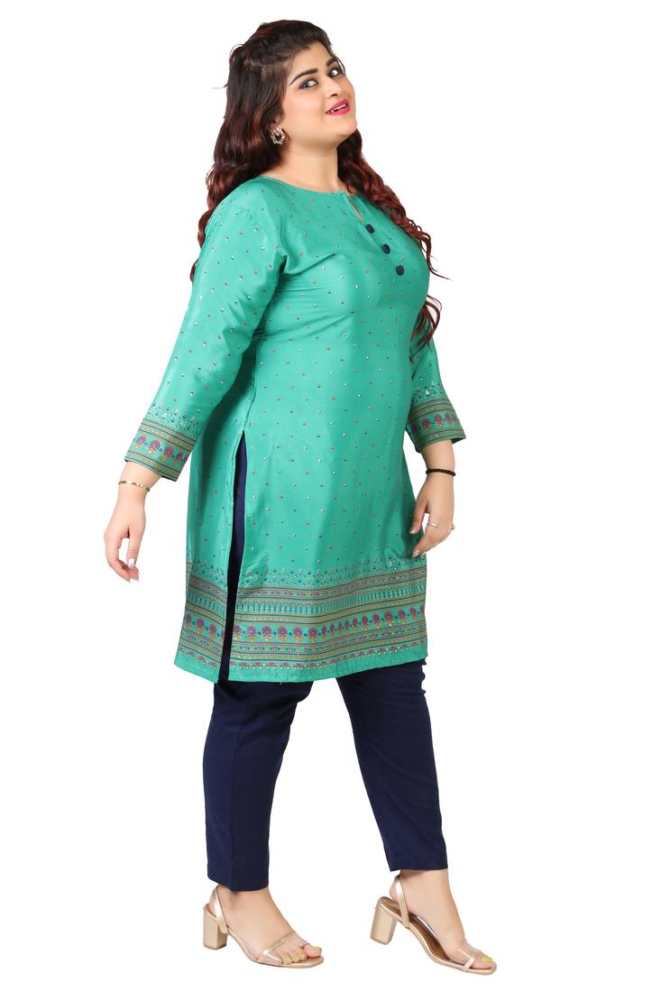 Cyan Green Printed Silk Crepe Plus size Kurits tops with Long Sleeve
