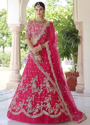 Irresistible Pink Colored Dori and Sequins embroidered net lehenga for bride 1