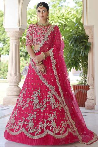 Irresistible Pink Colored Dori and Sequins embroidered net lehenga for bride