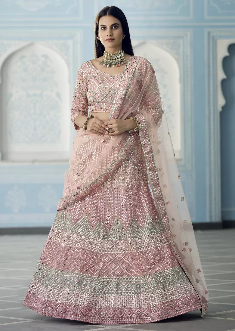 Cinereous Peach thread embroidered with foil mirror worked organza semi stitched Party lehenga