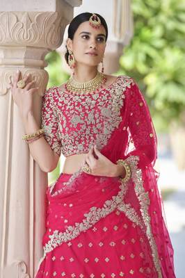 Irresistible Pink Colored Dori and Sequins embroidered net lehenga for bride 3