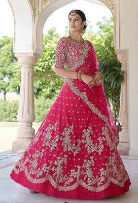 Irresistible Pink Colored Dori and Sequins embroidered net lehenga for bride 4