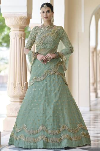 Pista green Dori Work & Sequins embroidered net semi stitched lehenga