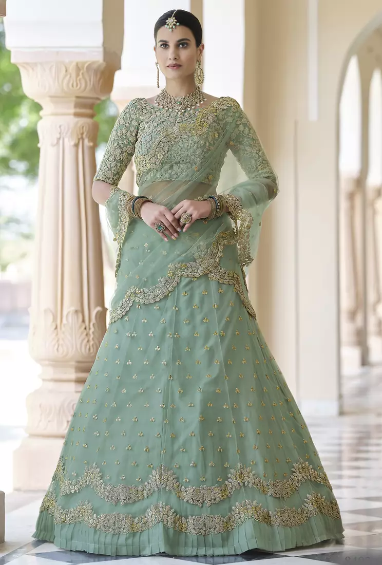 Pista green Dori Work & Sequins embroidered net semi stitched lehenga