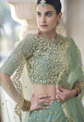 Pista green Dori Work & Sequins embroidered net Semi Stitched Lehenga choli for wedding 2