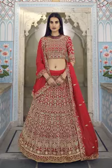 Red Zari embroidered georgette semi stitched lehenga