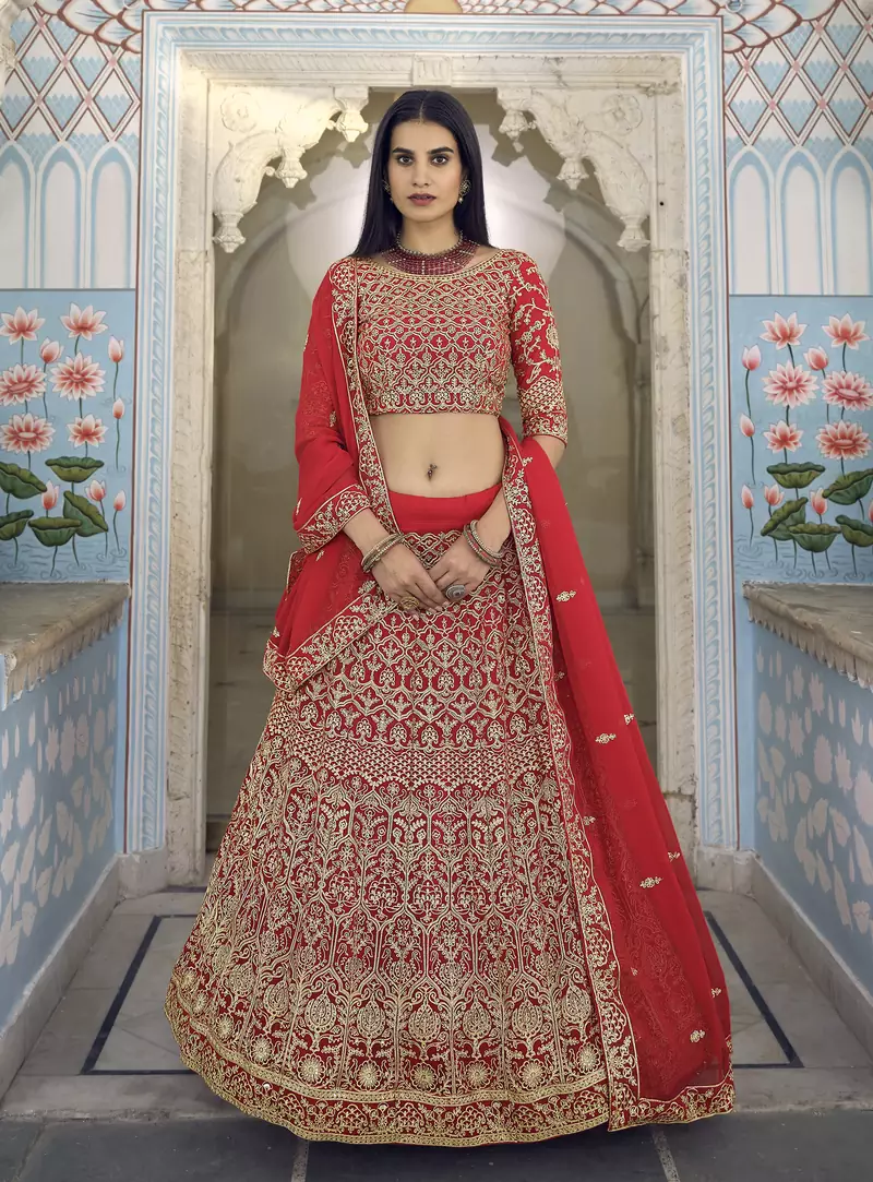 Red Zari embroidered georgette semi stitched lehenga