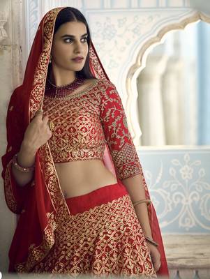 Glamorous Red Zari embroidered georgette Semi Stitched Lehenga choli for bride 2