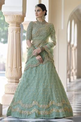 Pista green Dori Work & Sequins embroidered net Semi Stitched Lehenga choli for wedding 4