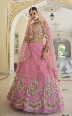 Deep Puce Pink Dori Work & Sequins Embroidered Net Semi Stitched Party Wear Lehenga Choli 1
