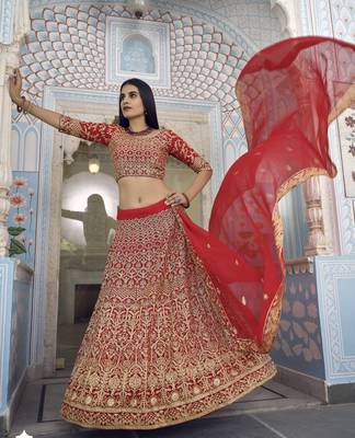 Glamorous Red Zari embroidered georgette Semi Stitched Lehenga choli for bride 4
