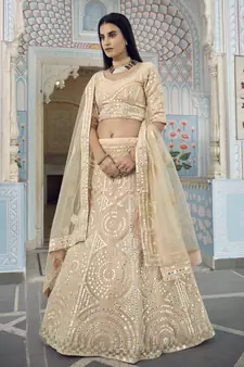 Dutch Cream thread embroidered with foil mirror worked organza semi stitched lehenga