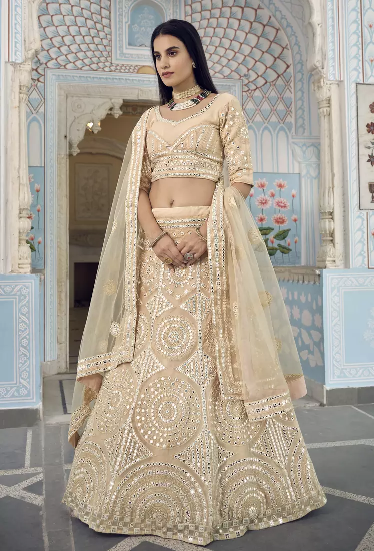 Dutch Cream thread embroidered with foil mirror worked organza semi stitched lehenga