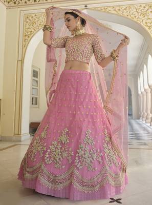 Deep Puce Pink Dori Work & Sequins Embroidered Net Semi Stitched Party Wear Lehenga Choli 3