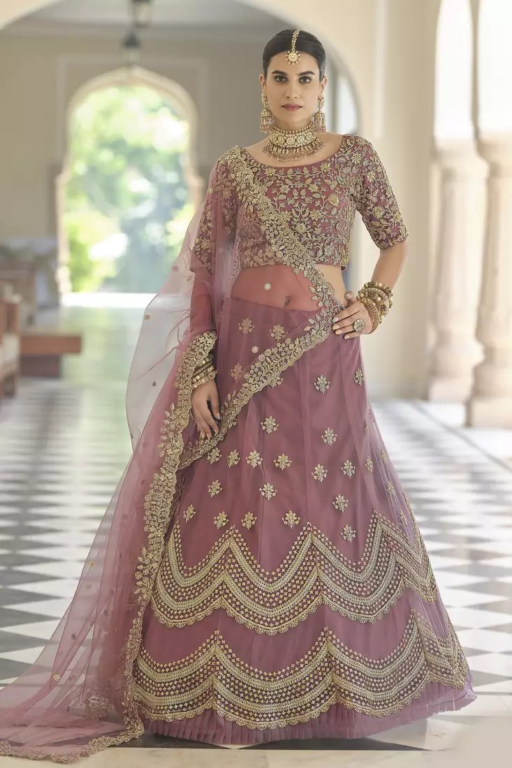 Mauve Taupe Dori Work & Sequins embroidered net semi stitched lehenga