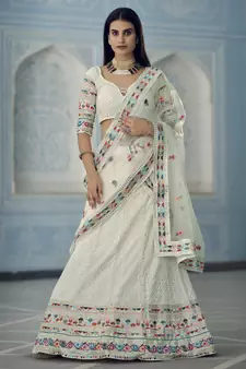 Pale Silver White thread and Sequins embroidered georgette semi stitched Party lehenga